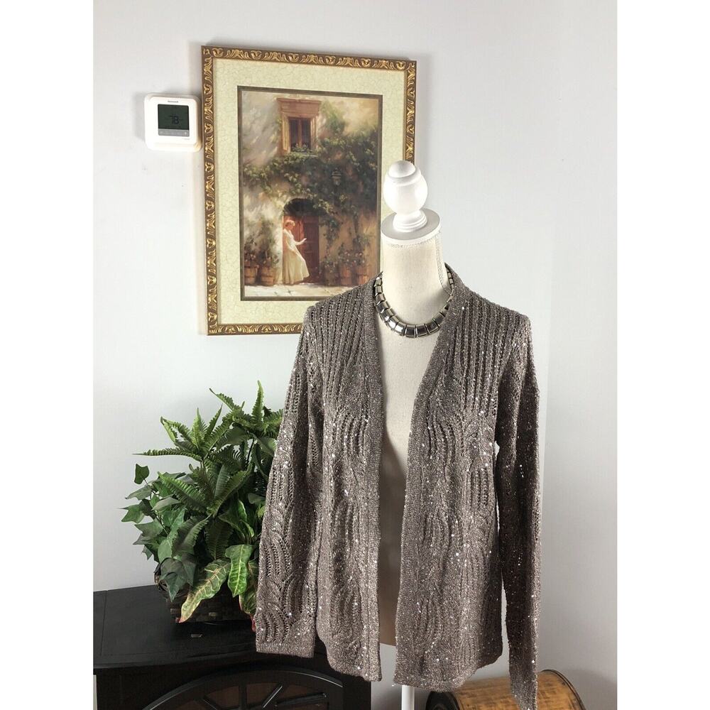 Easwear By Chico's Long Sleeve Shimmer Silver Shine Open Front Sweater Size 0